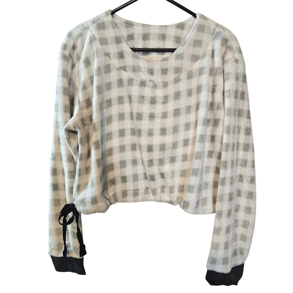 Rhea Soft Plaid Crop Pullover Cozy Fleece Long Sleeve Tie Detail Top Size‎ L XL